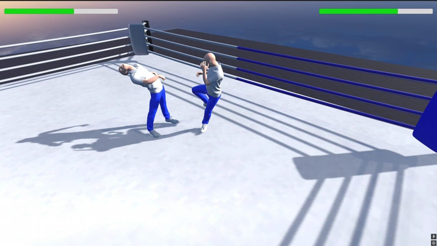 One boxer reeling backward mid hit-reaction inside the ring, physics taking over from animation