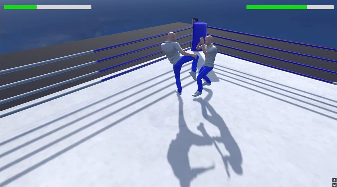 Two boxers mid-fight, one throwing a kick, inside the ring