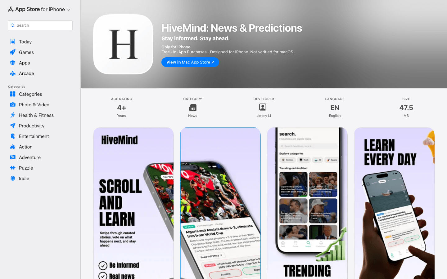HiveMind App Store listing showing mobile screenshots of the feed, search, and learning prompts