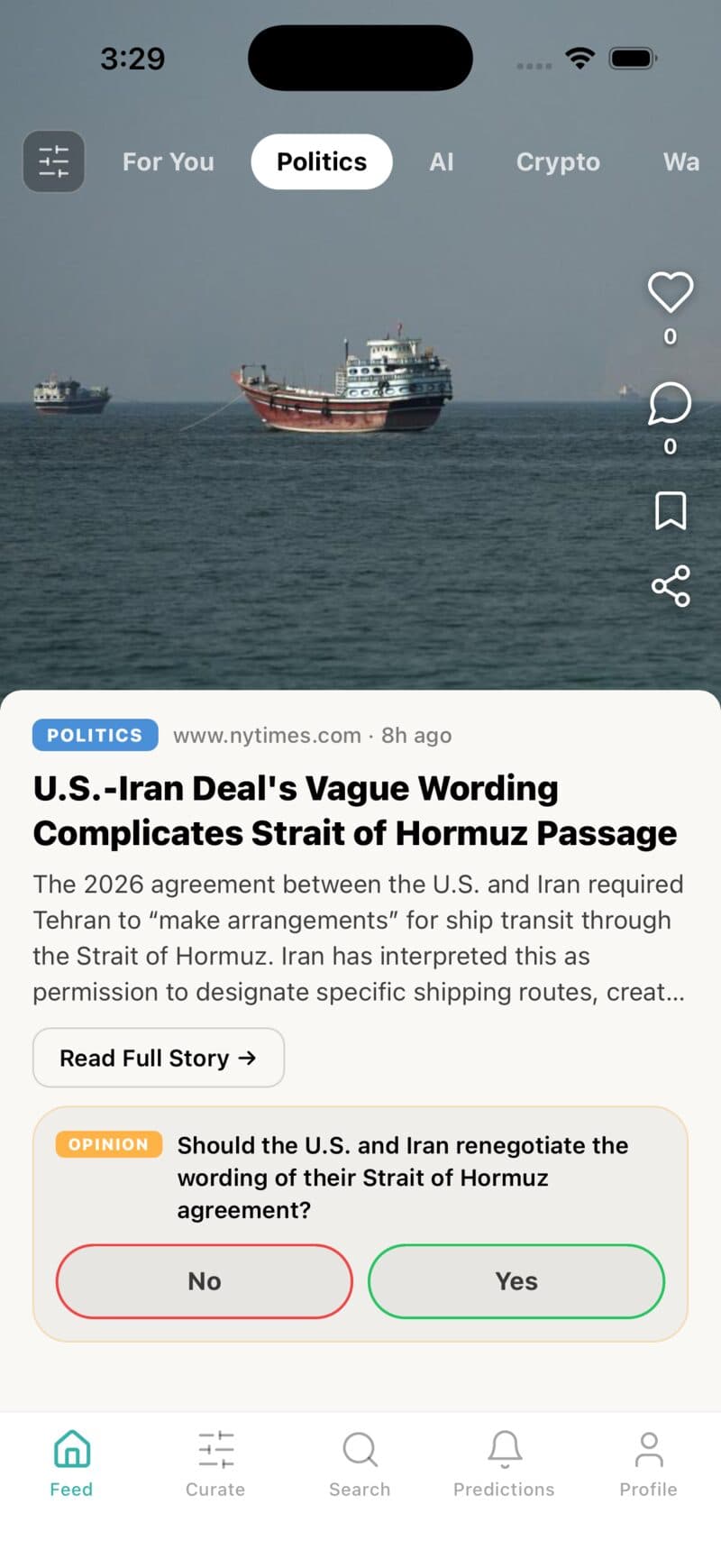 HiveMind feed showing a full-screen news card with a headline, summary, and an opinion poll