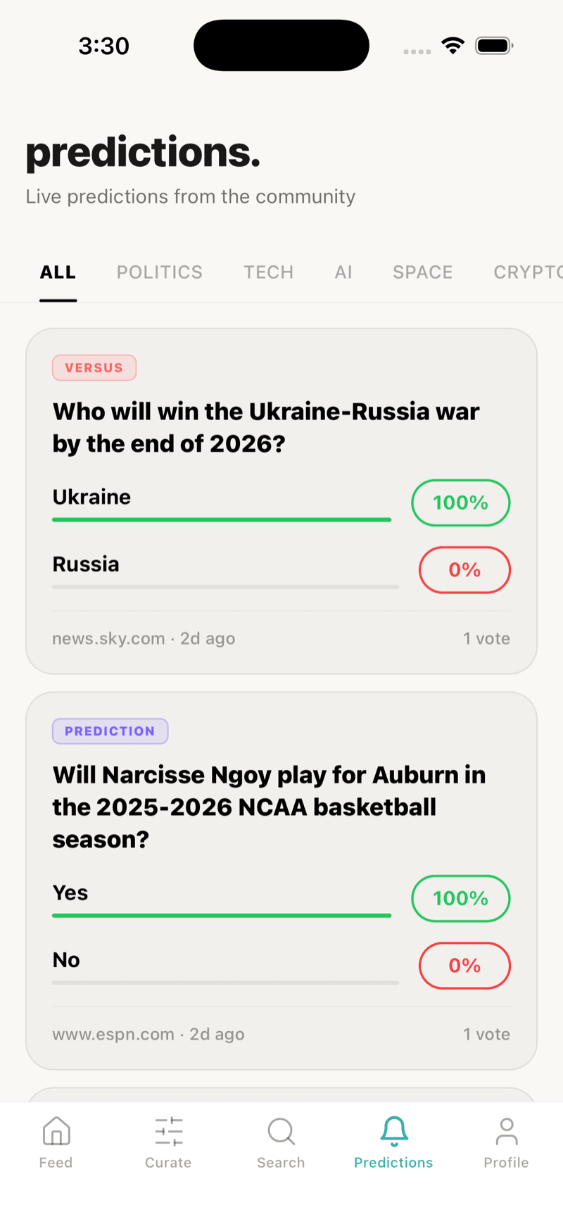 HiveMind predictions tab showing versus and prediction questions ranked by vote count, with live percentage bars