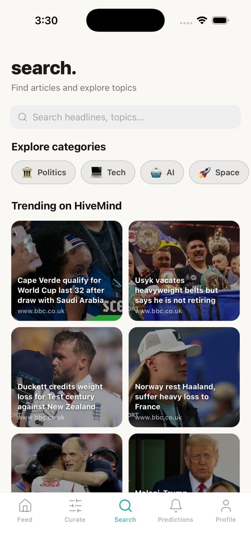 HiveMind search tab showing category shortcuts and a trending grid of recent articles