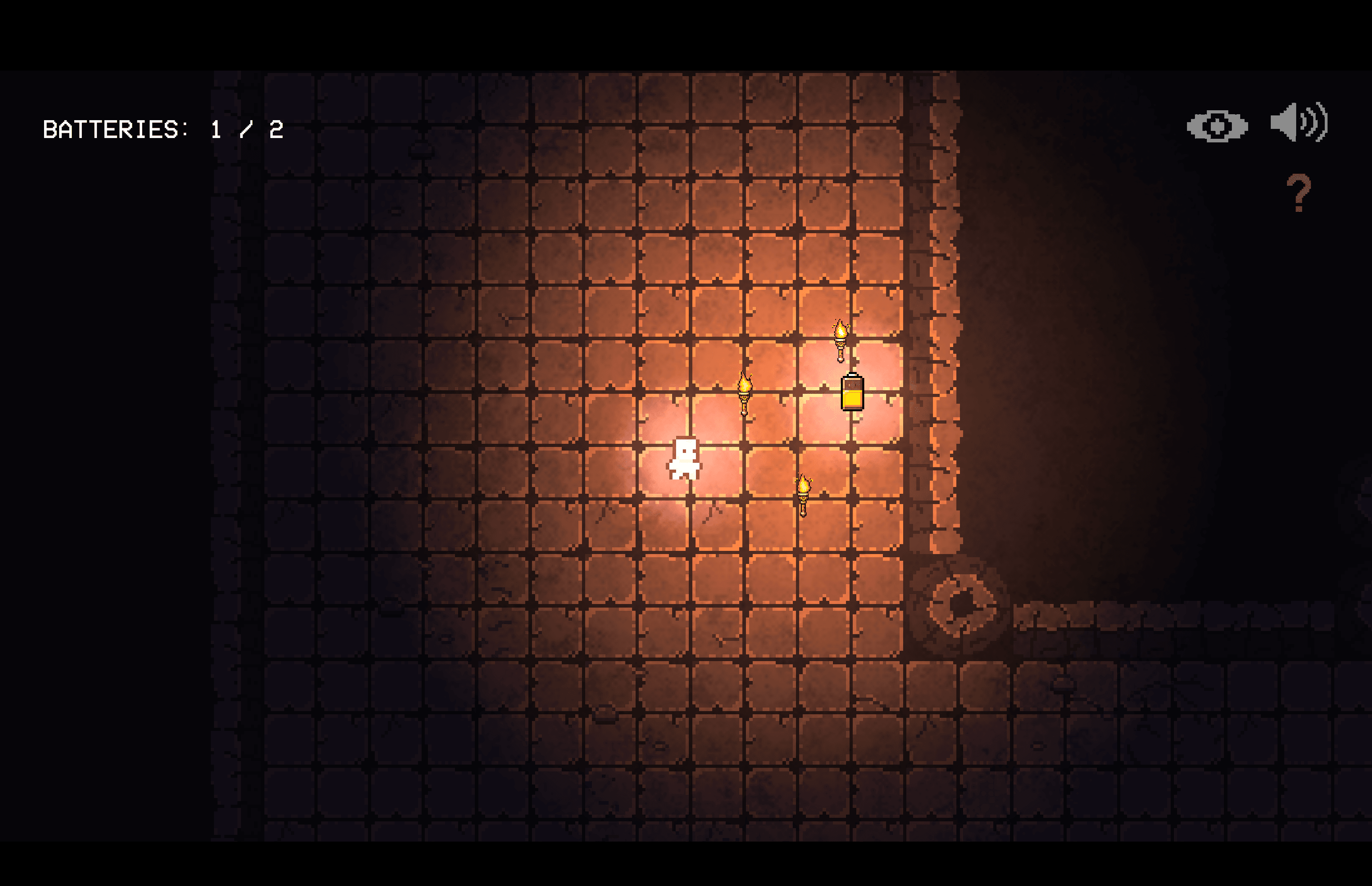 Player standing among torches and a battery pickup in a generated cave room, lit by flickering torchlight