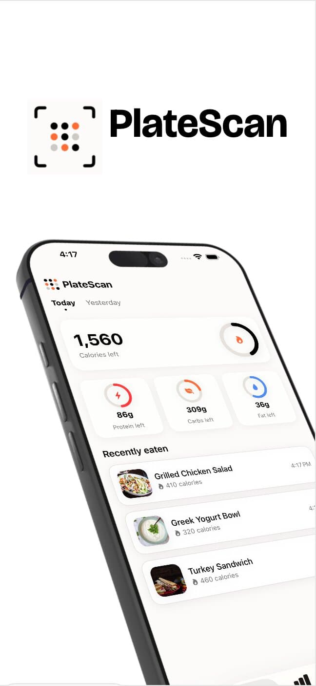 PlateScan home screen showing calories left and a ring for protein, carbs, and fat, with recently eaten meals below