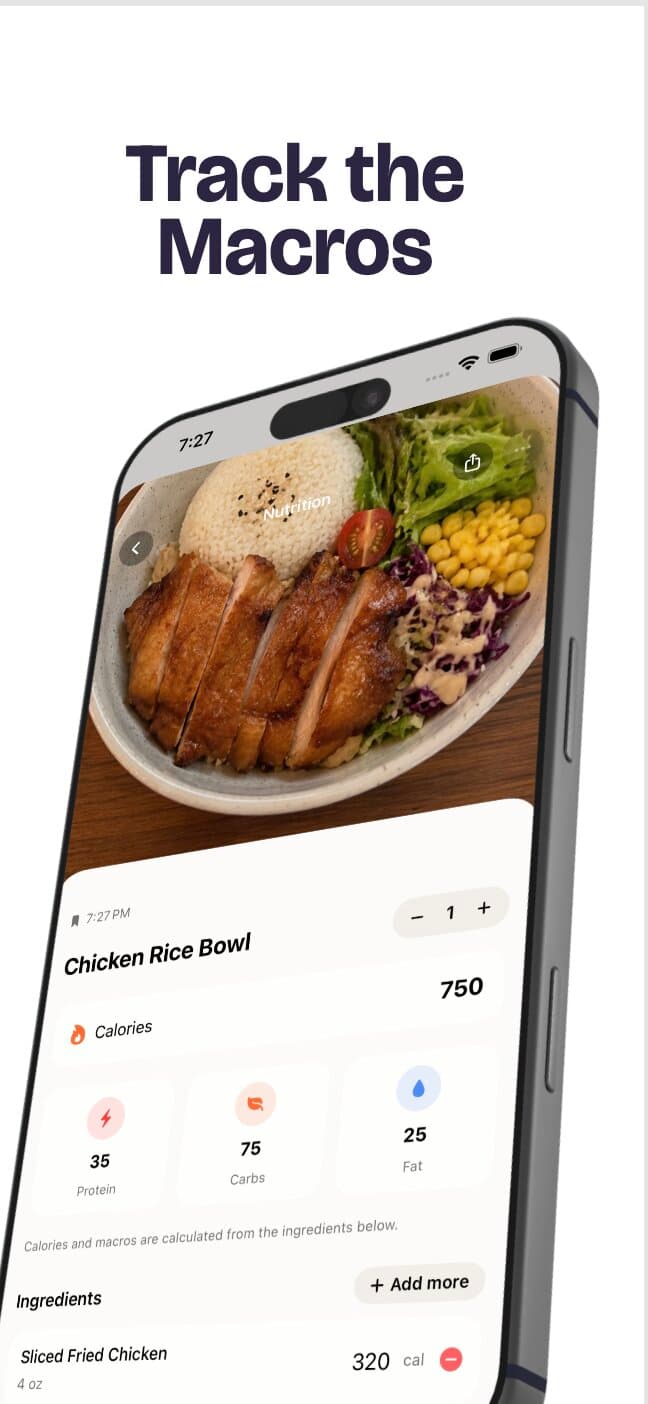 PlateScan meal detail screen showing calories, protein, carbs, and fat for a chicken rice bowl, with an ingredients list below
