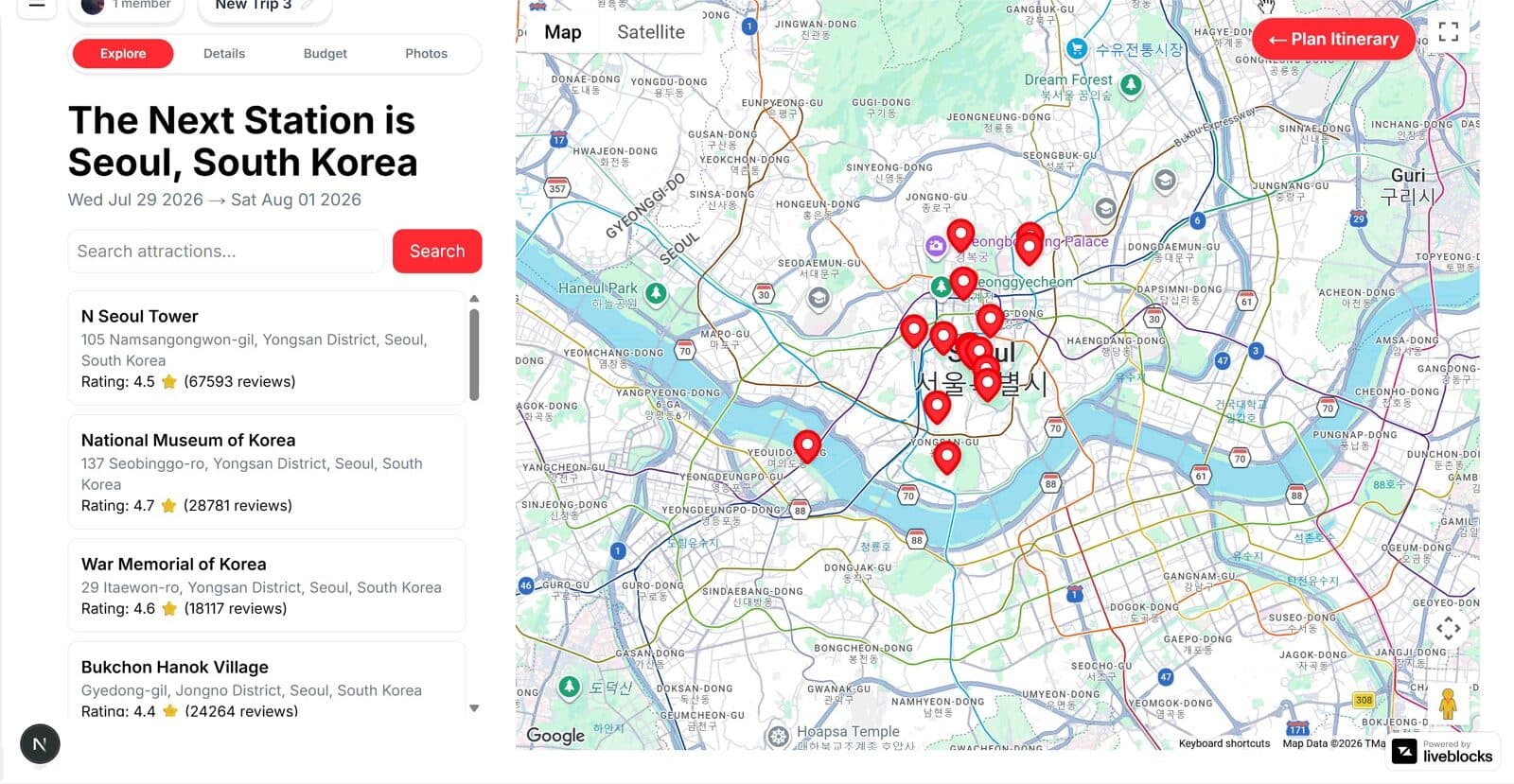 AI-generated multi-day itinerary for Seoul loaded into the itinerary sidebar with many attraction markers