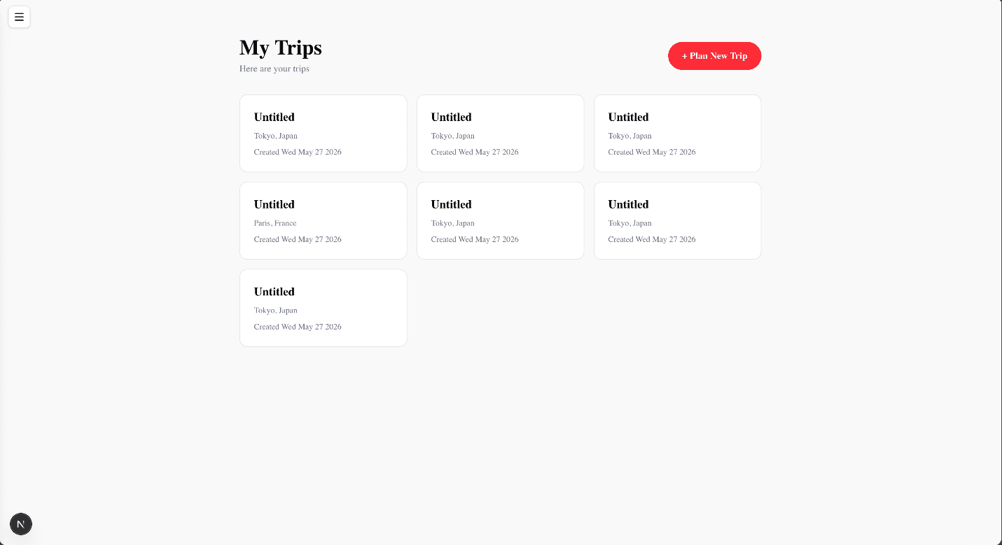 User dashboard listing several saved trips as cards