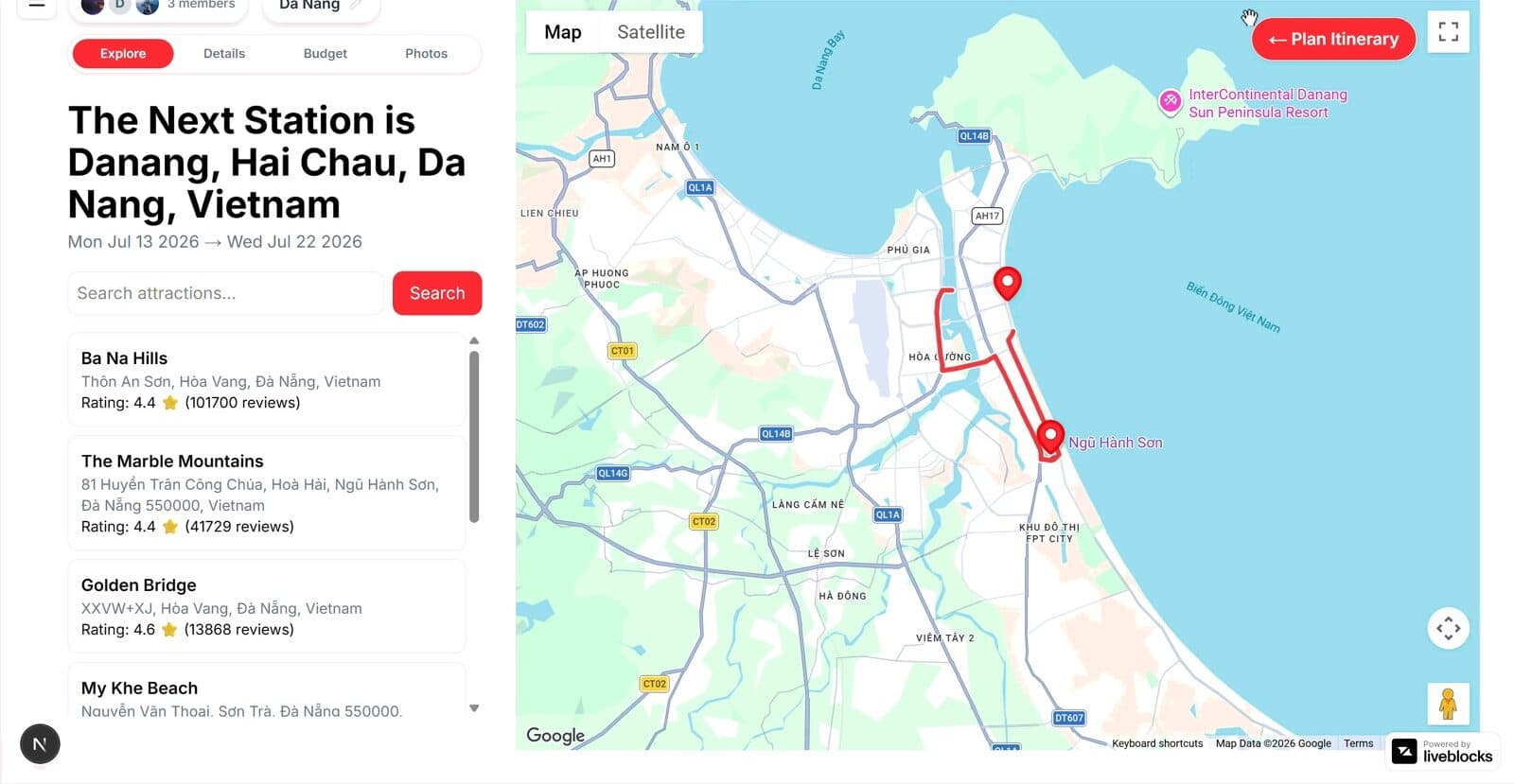 Attraction card being dragged into a day-by-day itinerary sidebar