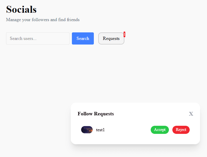 Follow request modal with accept and reject buttons