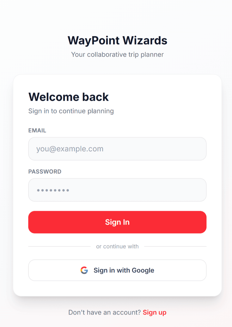 Login screen with email and password fields and a Sign in with Google button