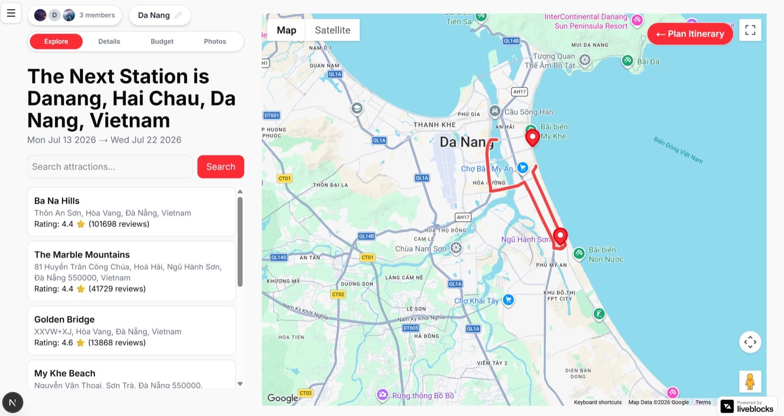 Interactive Google Map showing attraction markers and a drawn route in Da Nang
