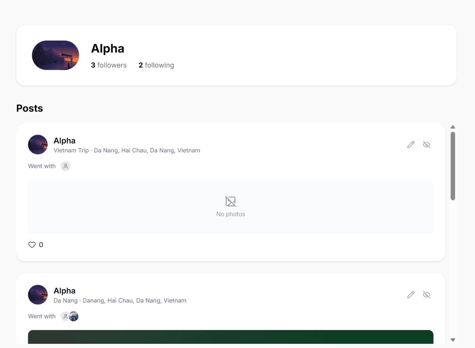 Public user profile page showing follower and following counts and a list of posts