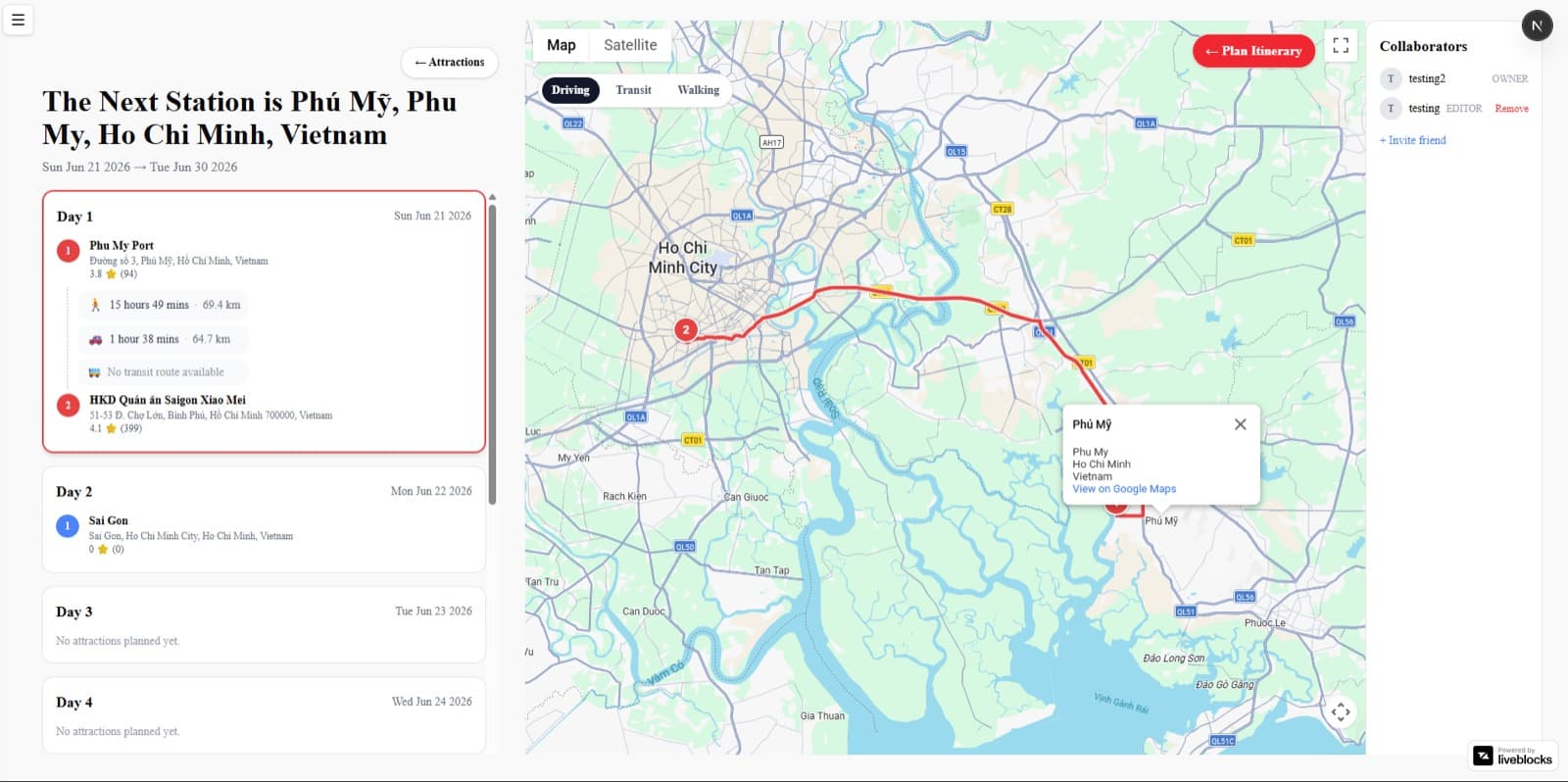 Trip details panel showing a driving route between two stops, with a collaborators list