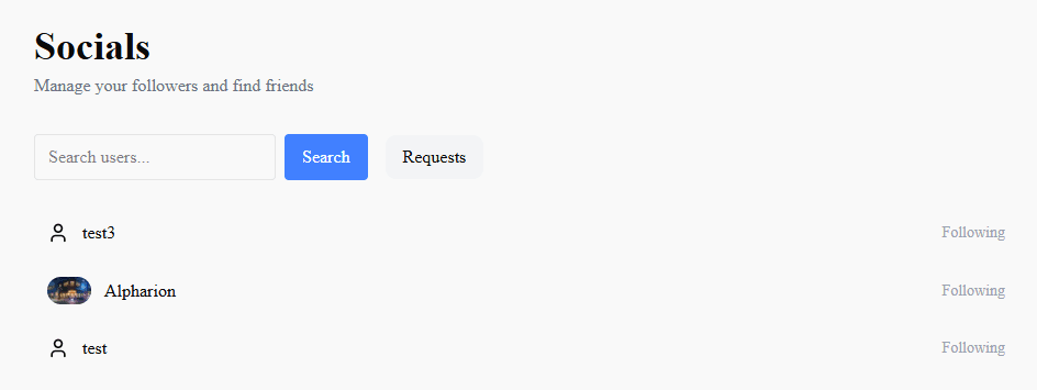 Socials page listing followers and following with a search box
