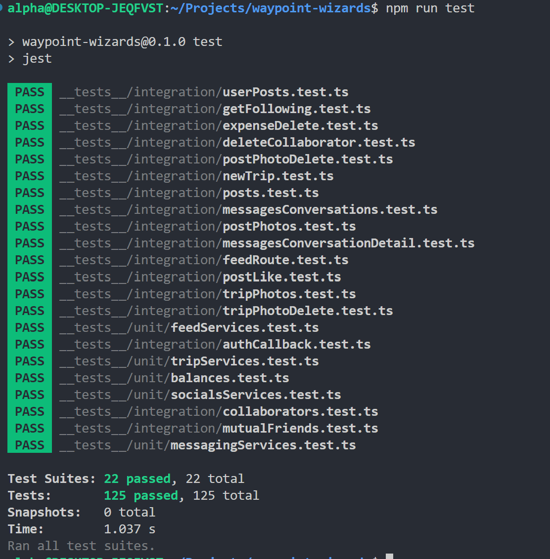 Terminal output showing all 22 test suites and 125 tests passing