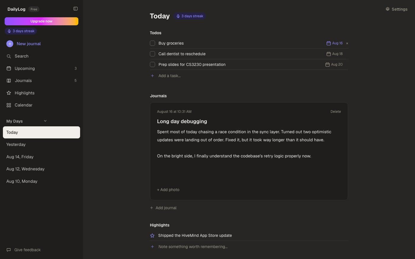 DailyLog Today page in the Midnight dark theme with an indigo accent color