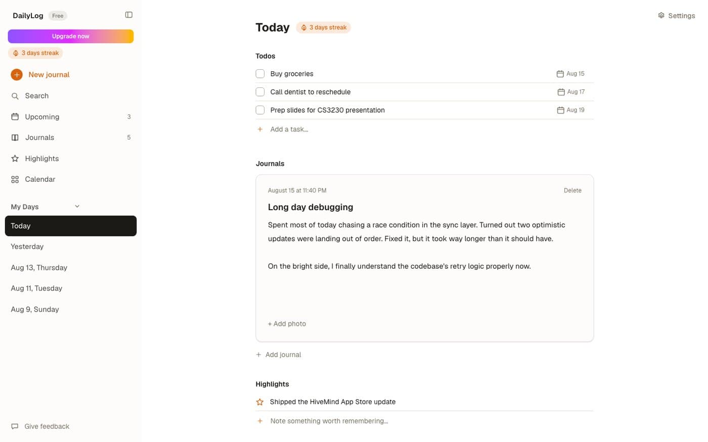 DailyLog Today page showing a todo list, a journal entry titled Long day debugging, and a highlights section