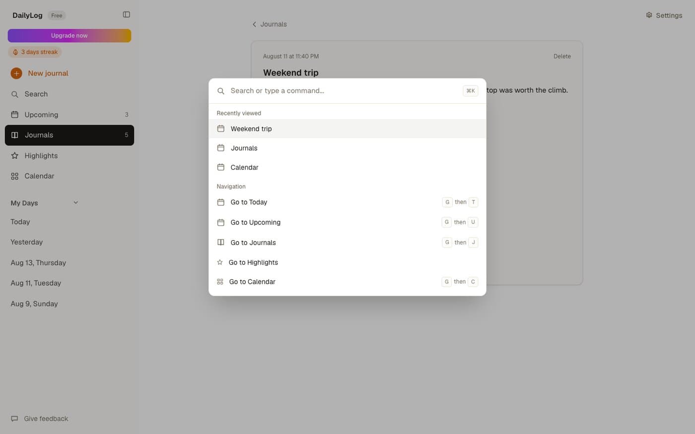 DailyLog Cmd+K command palette showing recently viewed items and keyboard navigation shortcuts