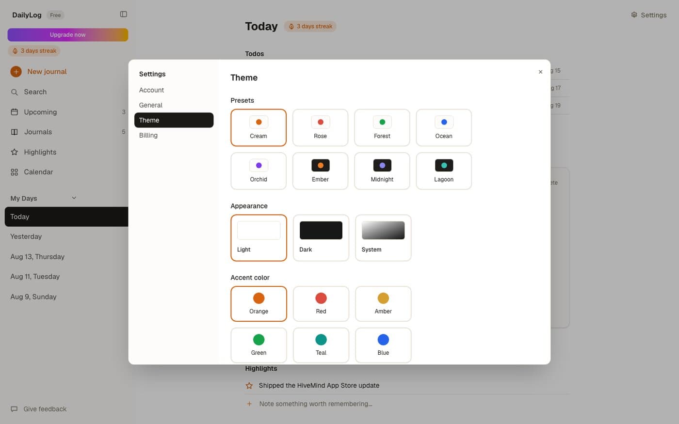DailyLog theme settings showing eight named presets, light/dark/system appearance, and nine accent colors